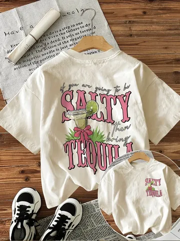 Γυναικείο T-Shirt από Χτενισμένο Βαμβάκι Vintage Salty Tequila Γραφική Εκτύπωση Στρογγυλή Λαιμόκοψη Casual Κοντό Μανίκι