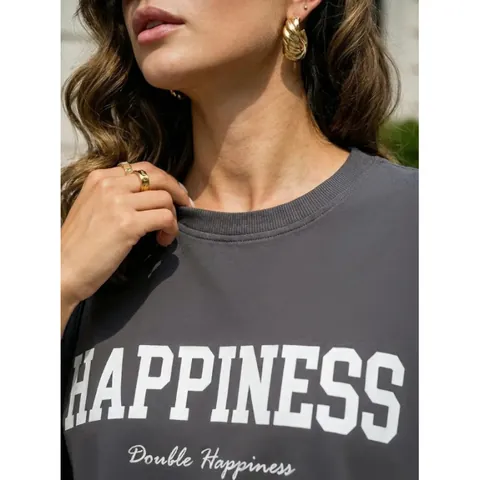 Γυναικείο Βαμβακερό T-Shirt με Εκτύπωση Γραμμάτων Happiness American Retro Oversized Χαμηλωμένοι Ώμοι Κοντομάνικο Top Γκρι Ανθρακί Casual Tee