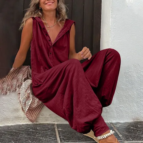 Mono Casual con Capucha sin Mangas para Mujer Botones Delanteros Pantalones Harem Holgado Color Sólido Bolsillos Streetwear