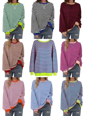 Camiseta Informal a Rayas de Manga Larga para Mujer Poliéster Cuello Redondo Pulóver Patchwork Color de Contraste Top Primavera
