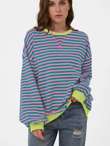 Camiseta Informal a Rayas de Manga Larga para Mujer Poliéster Cuello Redondo Pulóver Patchwork Color de Contraste Top Primavera