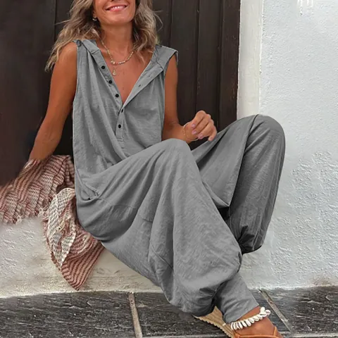 Mono Casual con Capucha sin Mangas para Mujer Botones Delanteros Pantalones Harem Holgado Color Sólido Bolsillos Streetwear