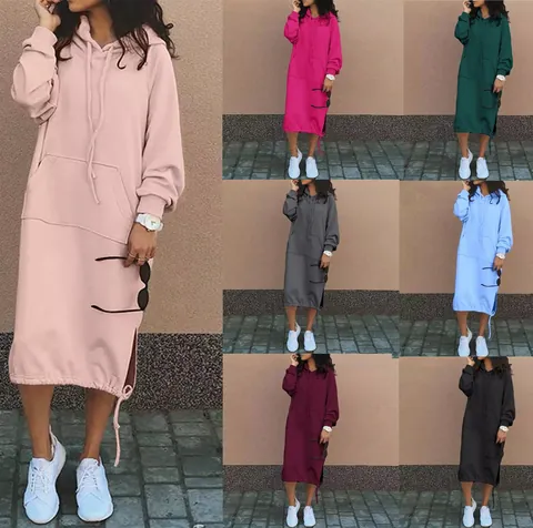 Dames Casual Sweatshirt Jurk met Capuchon Lange Mouw Pullover Hoodies Met Zakken Zijsplit Effen Kleur Streetwear Katoenmix Herfst Winter Midi Jurk