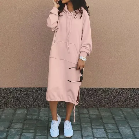 Dames Casual Sweatshirt Jurk met Capuchon Lange Mouw Pullover Hoodies Met Zakken Zijsplit Effen Kleur Streetwear Katoenmix Herfst Winter Midi Jurk