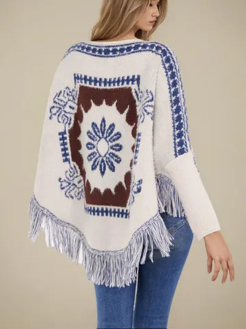 Women Ethnic Print Pullover Shawl Tassel Hem Batwing Sleeve Thick Knit Sweater Cape Bohemian Vintage Outerwear