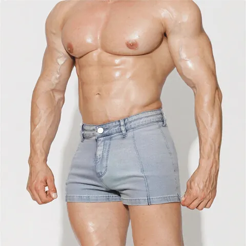 Herren Slim Fit Hohe Taille Denim Shorts Hohe Elastizität Gewaschene Hot Pants Für Muskelmänner Bodybuilding Fitness Lässig Sommer Mode