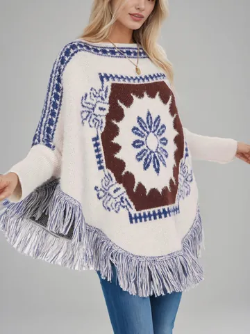 Women Ethnic Print Pullover Shawl Tassel Hem Batwing Sleeve Thick Knit Sweater Cape Bohemian Vintage Outerwear
