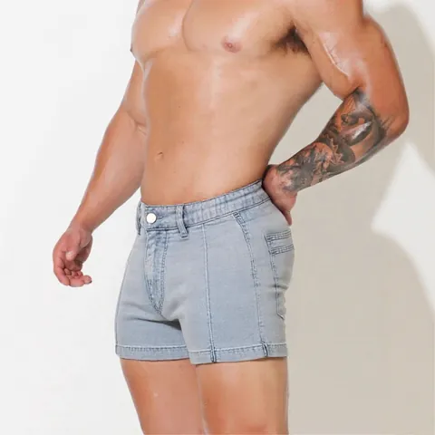 Herren Slim Fit Hohe Taille Denim Shorts Hohe Elastizität Gewaschene Hot Pants Für Muskelmänner Bodybuilding Fitness Lässig Sommer Mode
