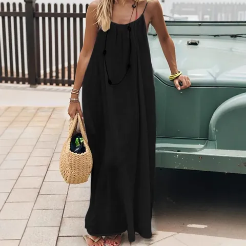 Vestido Maxi Casual de Verano para Mujer con Espalda al Aire Tirantes Spaghetti Ropa de Casa Holgada Vestido Largo Liso