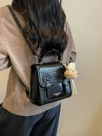 Women Woven Texture Backpack Preppy Style Bow Decoration Casual Travel Shoulder Bag With Cute Bear Charm Multiway Handle Bag