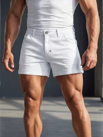 Short en Jean Décontracté pour Homme Blanc Coupe Ajustée Coton Revers Lavé Short d'Été Pantalon en Denim