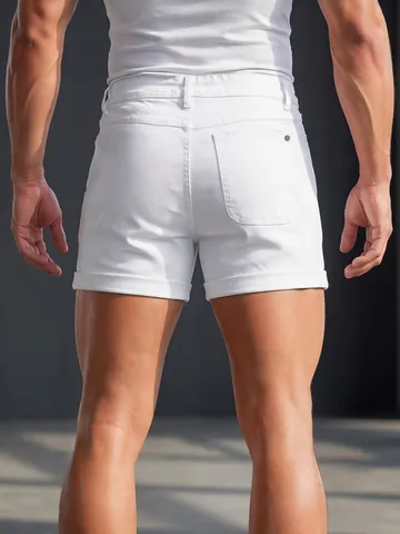 Short en Jean Décontracté pour Homme Blanc Coupe Ajustée Coton Revers Lavé Short d'Été Pantalon en Denim