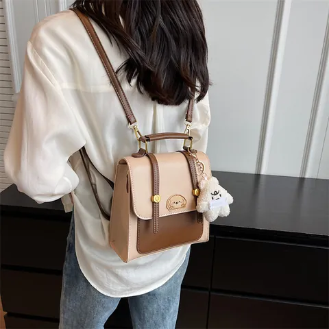 Vintage PU Leather Women Backpack Fashion Color Block Stitching Small School Bag Versatile Daily Commute Crossbody Handbag With Teddy Bear Pendant