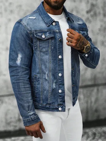 Giacca in Denim Slim Fit da Uomo Cotone Lavato Jeans Capispalla Casual Risvolto Monopetto Top