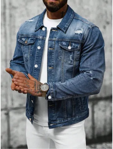 Giacca in Denim Slim Fit da Uomo Cotone Lavato Jeans Capispalla Casual Risvolto Monopetto Top
