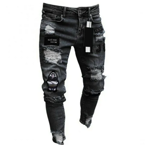 Men's Casual Distressed Slim Fit Skinny Denim Jeans Stretch Streetwear Long Pants With Patches
