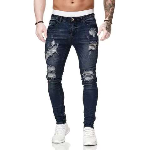 Men's Hip Hop Skinny Ripped Jeans Distressed Slim Fit Denim Bottom With Cat Whisker Washed Streetwear Fashion Casual Pants For Men