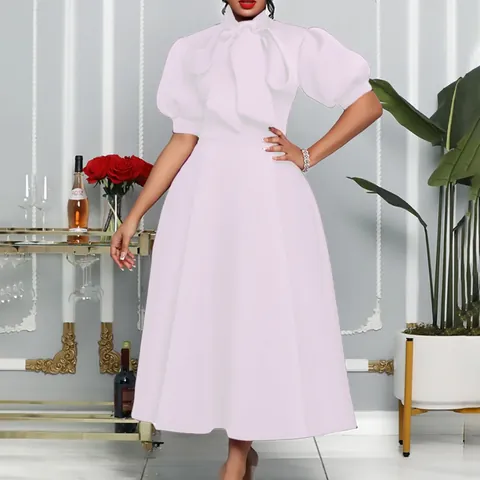 Vestido Midi de Mujer Elegante Poliéster Spandex Lazo Cuello Alto Manga Linterna Banquete Boda Fiesta Estilo Celebridad