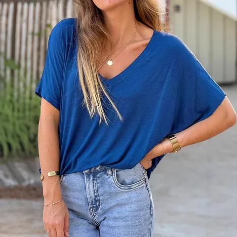 T-Shirt Grande Taille pour Femme Col en V Ample Décontracté Couleur Unie Haut à Manches Courtes Été Polyester Patchwork Basique