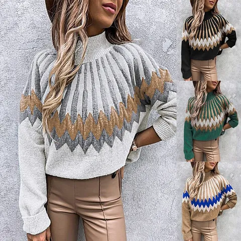 Damen Casual Loose Rollkragen Pullover Langarm Geometrisch Bedruckte Strickwaren Herbst Winter Pullover Mode Soft Top