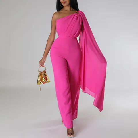 Elegant Women Solid Color Single Shoulder Jumpsuit With Cloak Sexy High Waist Wide Leg Evening Party Banquet Long Pant Jumpsuit