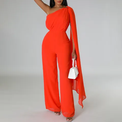 Elegant Women Solid Color Single Shoulder Jumpsuit With Cloak Sexy High Waist Wide Leg Evening Party Banquet Long Pant Jumpsuit