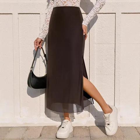 Jupe en Maille pour Femmes Taille Haute Fente Latérale Jupe Moulante Longueur Midi Taille Élastique Couleur Unie Imprimé Léopard Élégant Bas
