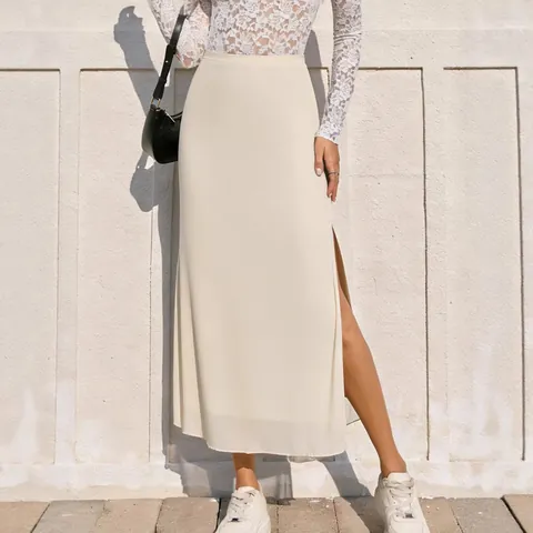 Jupe en Maille pour Femmes Taille Haute Fente Latérale Jupe Moulante Longueur Midi Taille Élastique Couleur Unie Imprimé Léopard Élégant Bas