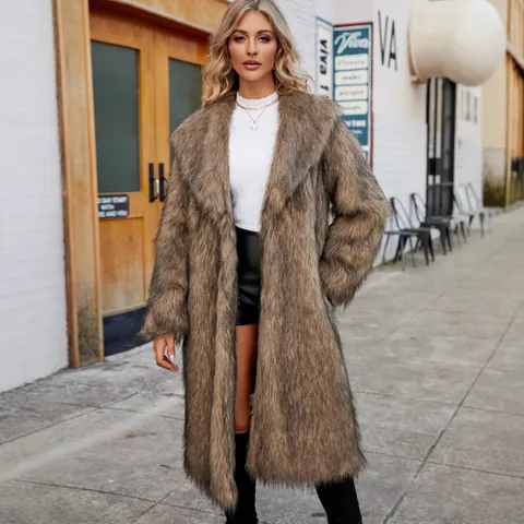 Manteau Long Élégant en Fausse Fourrure de Renard Femme Hiver Automne Col à Revers Chaud Épais Vêtement Casual Peluche Veste
