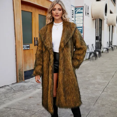 Manteau Long Élégant en Fausse Fourrure de Renard Femme Hiver Automne Col à Revers Chaud Épais Vêtement Casual Peluche Veste