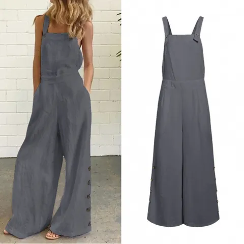 Tuta Casual da Donna Senza Maniche Tinta Unita Gamba Larga Top And Bottom Con Tasche Bottoni Laterali Poliestere Estate Spiaggia
