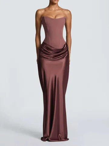 Robe Maxi en Satin Sans Bretelles Sexy pour Femmes Élégante Corset Bodycon Robe de Soirée Lacets au Dos Froncé Drapé Tenue de Soirée Formelle