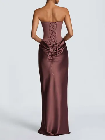 Robe Maxi en Satin Sans Bretelles Sexy pour Femmes Élégante Corset Bodycon Robe de Soirée Lacets au Dos Froncé Drapé Tenue de Soirée Formelle