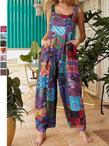 Women Ethnic Style Patchwork Printed Jumpsuit Casual Loose Wide Leg Suspender Overalls With Pockets Boho Top And Bottom