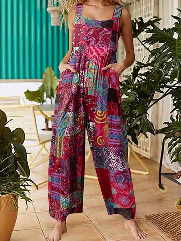 Women Ethnic Style Patchwork Printed Jumpsuit Casual Loose Wide Leg Suspender Overalls With Pockets Boho Top And Bottom