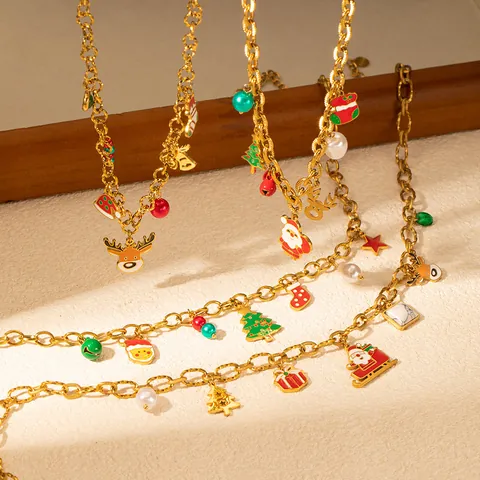 Stainless Steel Christmas Necklace Gold Plated Enamel Santa Claus Reindeer Pendant Holiday Party Jewelry Accessories Gift