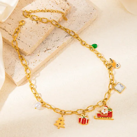 Stainless Steel Christmas Necklace Gold Plated Enamel Santa Claus Reindeer Pendant Holiday Party Jewelry Accessories Gift