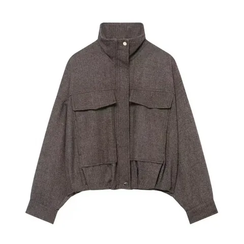 Women's Casual Loose Herringbone Bomber Jacket Autumn Winter Stand Collar Oversized Cargo Outwear Top