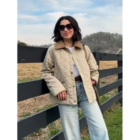Women Fashion Quilted Jacket With Corduroy Collar Contrast Color Diamond Lattice Padded Jacket Button Splicing Top Coat For Women