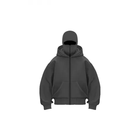 Men Streetwear Oversized Full Zip Mask Hoodie Fleece Lined Balaclava Double Hooded Sweatshirt Winter Warm Sport Jacket Top