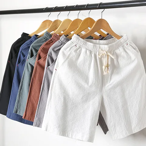 Men's Summer Cotton Shorts Loose Casual Breathable Drawstring Elastic Waist Five-Point Bottom Beach Sports Shorts
