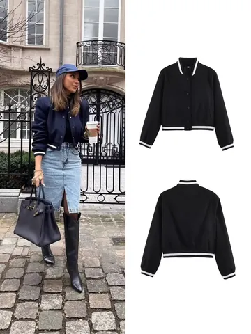 Women Color Block Baseball Jacket Contrast Stripes Casual Loose Short Varsity Jacket Single Breasted Polyester Outerwear