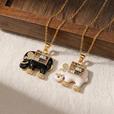 Elephant Pendant Necklace Stainless Steel Gold Plated With Colorful Zircon Rhinestone Enamel Fashion Jewelry For Women