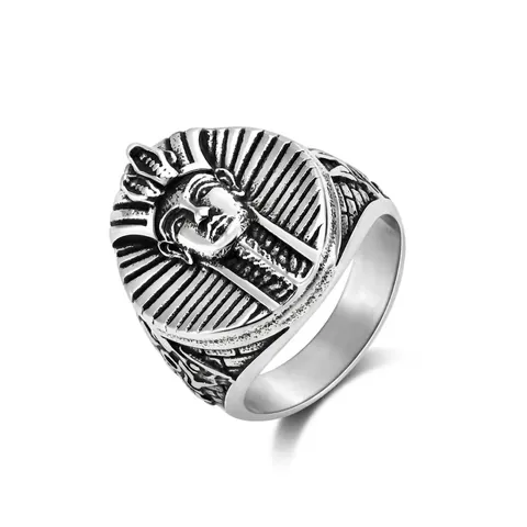 Ancient Egyptian Pharaoh King Tutankhamun Relief Men Ring Stainless Steel Retro Punk Hip Hop Biker Ethnic Jewelry Gift