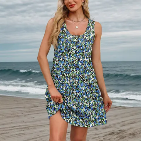 Dames Zomer Bloemenprint Mouwloze Jurk met Zakken Casual Losse A-Lijn Strandvakantie Zonnejurk Grote Maten