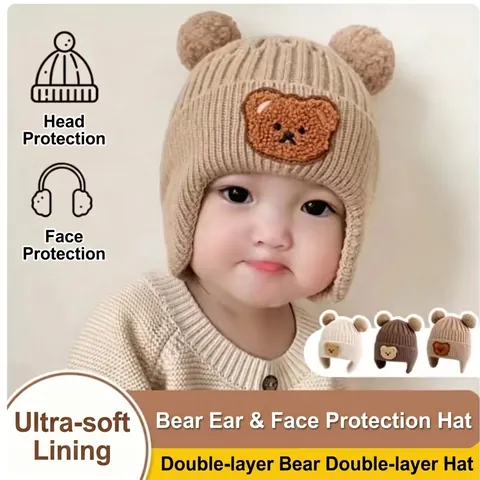 Soft Acrylic Baby Knit Hat For Winter Cartoon Bear Pattern Pom Pom Ear Protection Hat Warm Toddler Infant Beanie Hat