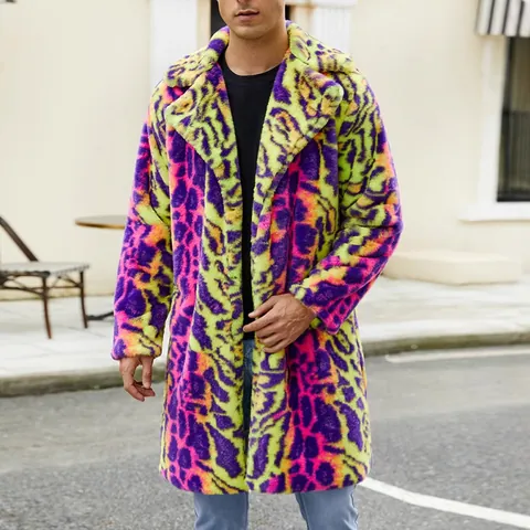 Cappotto da Uomo in Pelliccia Sintetica Invernale Calda Giacca di Peluche Color Block Stampa Leopardata Streetwear Collo a Giacca
