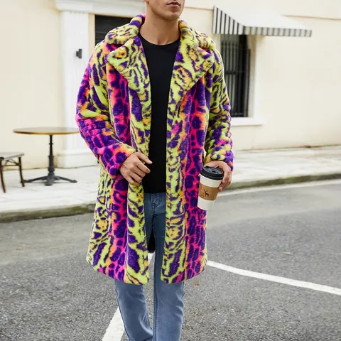 Cappotto da Uomo in Pelliccia Sintetica Invernale Calda Giacca di Peluche Color Block Stampa Leopardata Streetwear Collo a Giacca