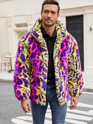 Herren Kunstpelz Buntes Leopardenmuster Jacke Streetwear Color Block Kapuzen Plüsch Verdickte Warme Winterjacke Reißverschluss Mantel