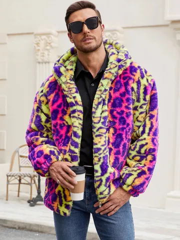 Herren Kunstpelz Buntes Leopardenmuster Jacke Streetwear Color Block Kapuzen Plüsch Verdickte Warme Winterjacke Reißverschluss Mantel